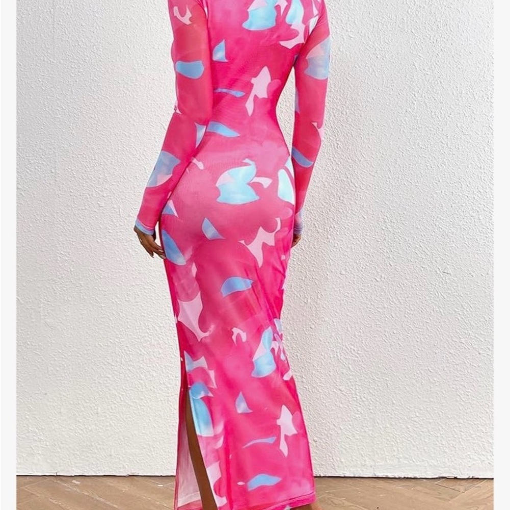 Pink & Blue Long Sleeve Bodycon Maxi Dress - Picture 3 of 9